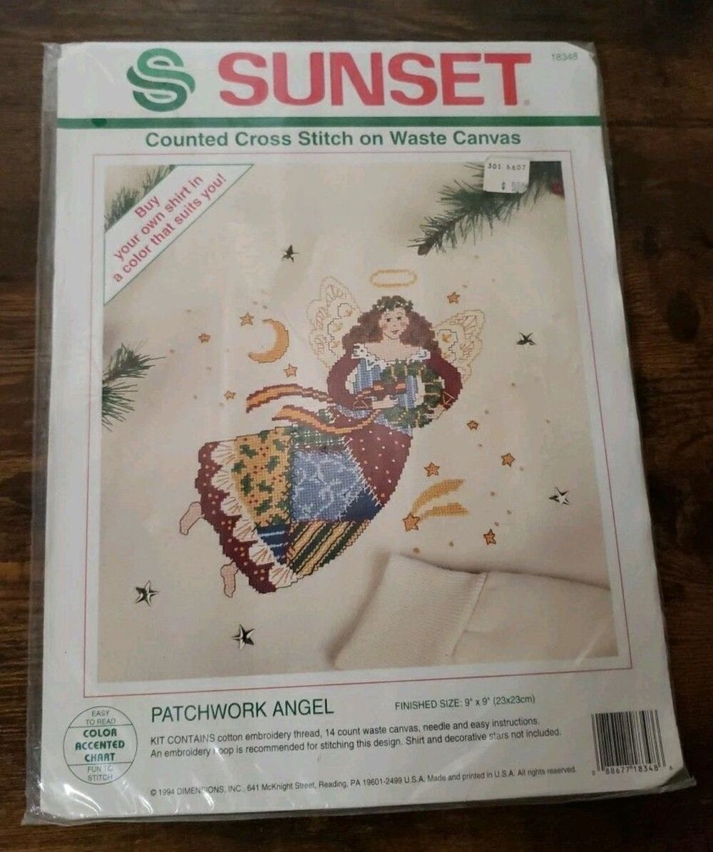SUNSET Patchwork Angel Counted Cross Stitch on Waste Canvas Kit 18348 9"x9"